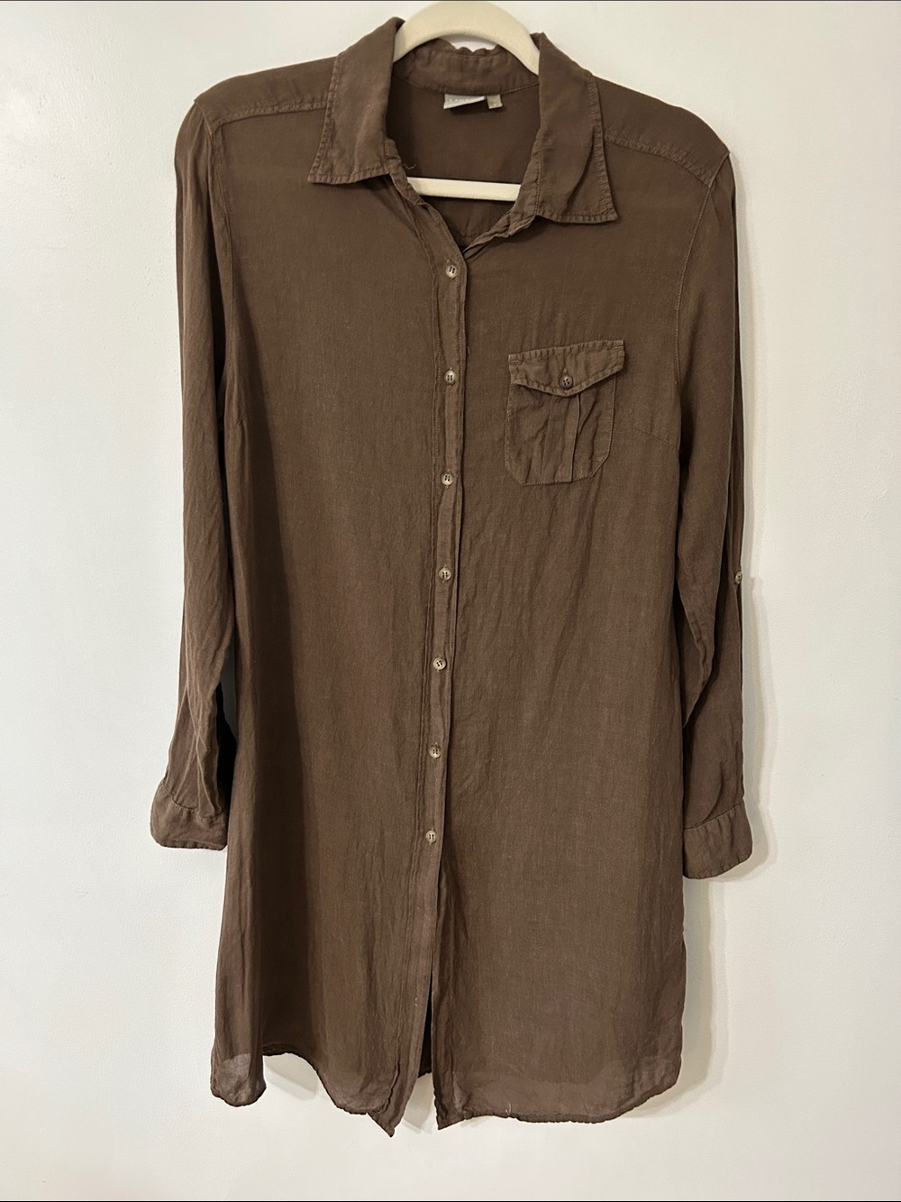 Libeco Dress Linen Shirt Brown Longline Roll Sleeve Beach Resortwear Minimalist